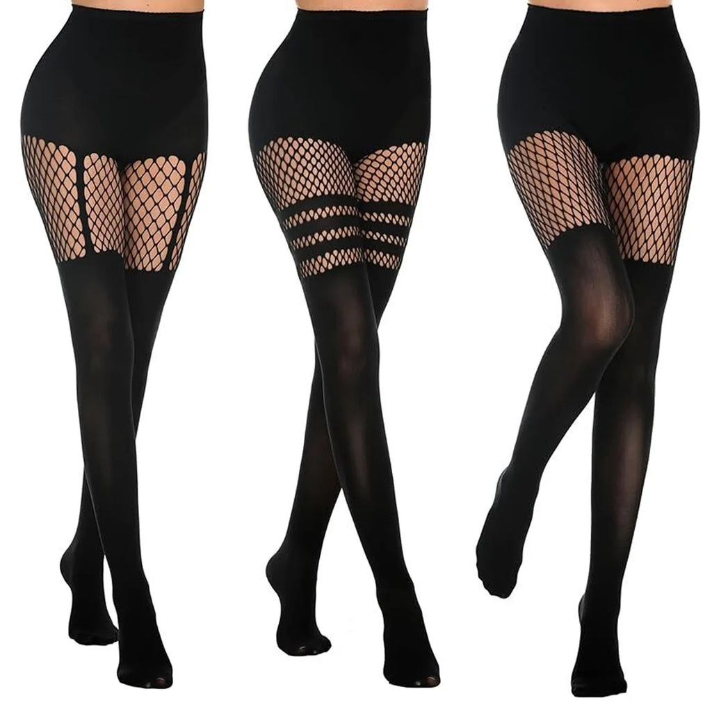 Vexaroa Black Fishnet Suspender Pantyhose Hollow-Out Thigh Tights — product image