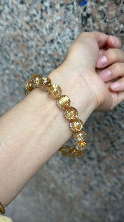 Natural Gold Rutilated Quartz Bead Bracelet 10.6mm, Unisex | Vexaroa