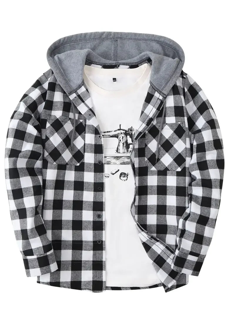Vexaroa Men's Plaid Flannel Hooded Shirt – Casual Streetwear Top