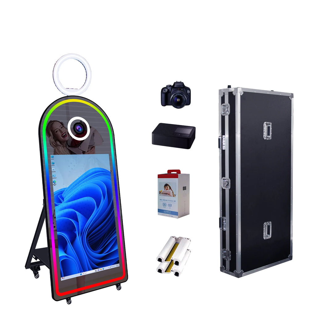 65"Magic Mirror Photo Booth with 43inch Touch Screen and Fill Light Perfect for Event Parties and Wedding Rentals.