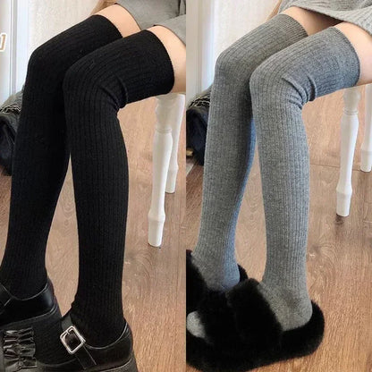 Women's Knee High Socks Paired with Boots Black White Pure Cotton Autumn and Winter Wool Long Socks Winter Warm Pile High Sock