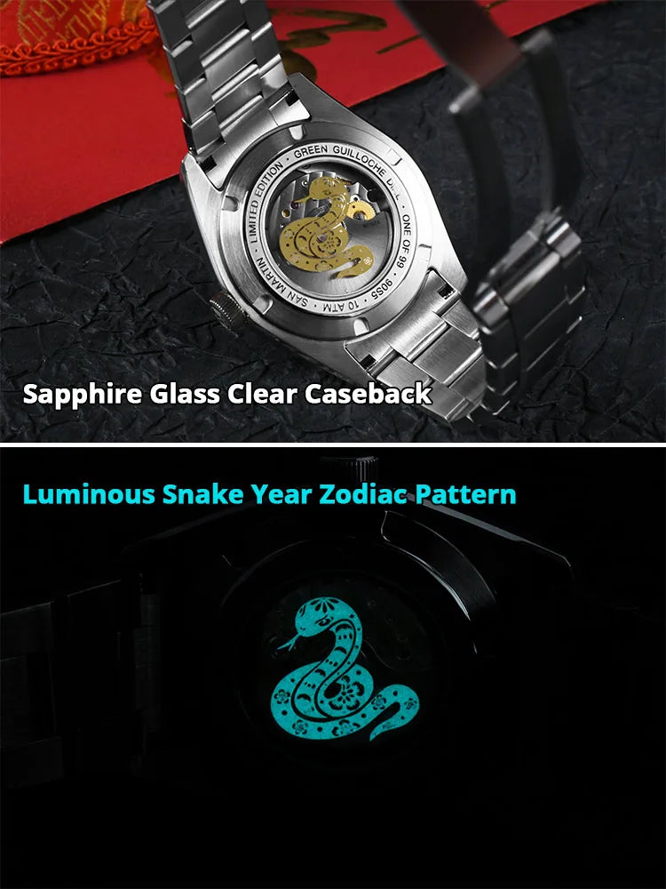 Watch with sapphire glass clear caseback and luminous snake year zodiac pattern on a dark background.