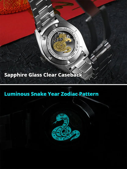 Watch with sapphire glass clear caseback and luminous snake year zodiac pattern on a dark background.