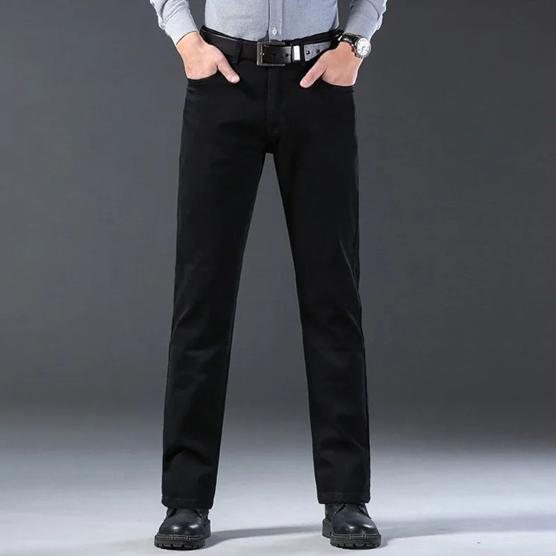 Winter Warm Fleece Black Men's Jeans Stretch Solid Color Denim Pants Work Business Classic Flocking Brushed Trouser Plus Size 40