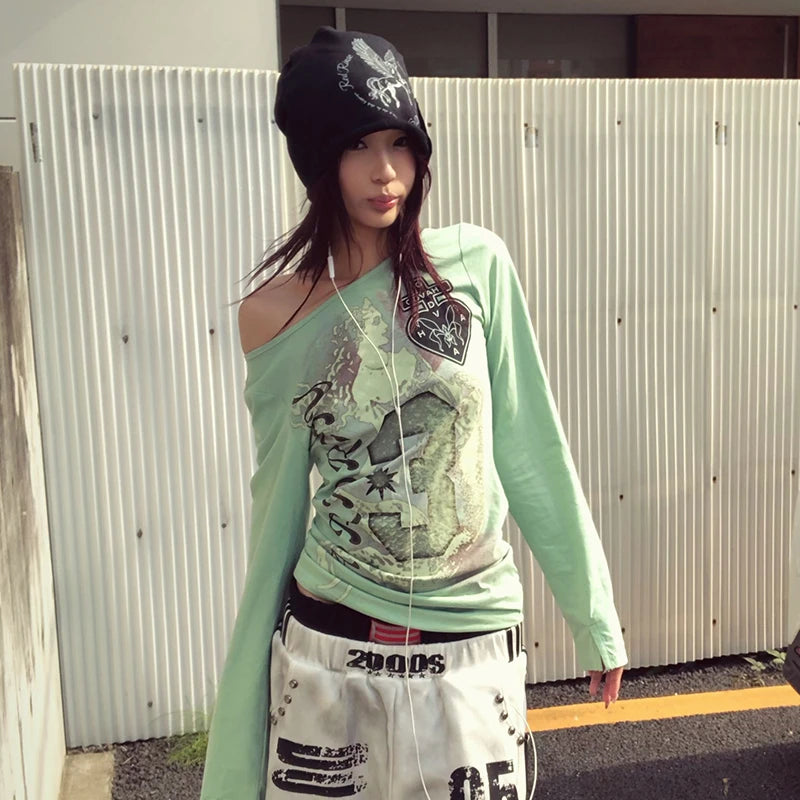 Vexaroa Mint Green Y2K Graphic Long Sleeve Tee product photo, view 5