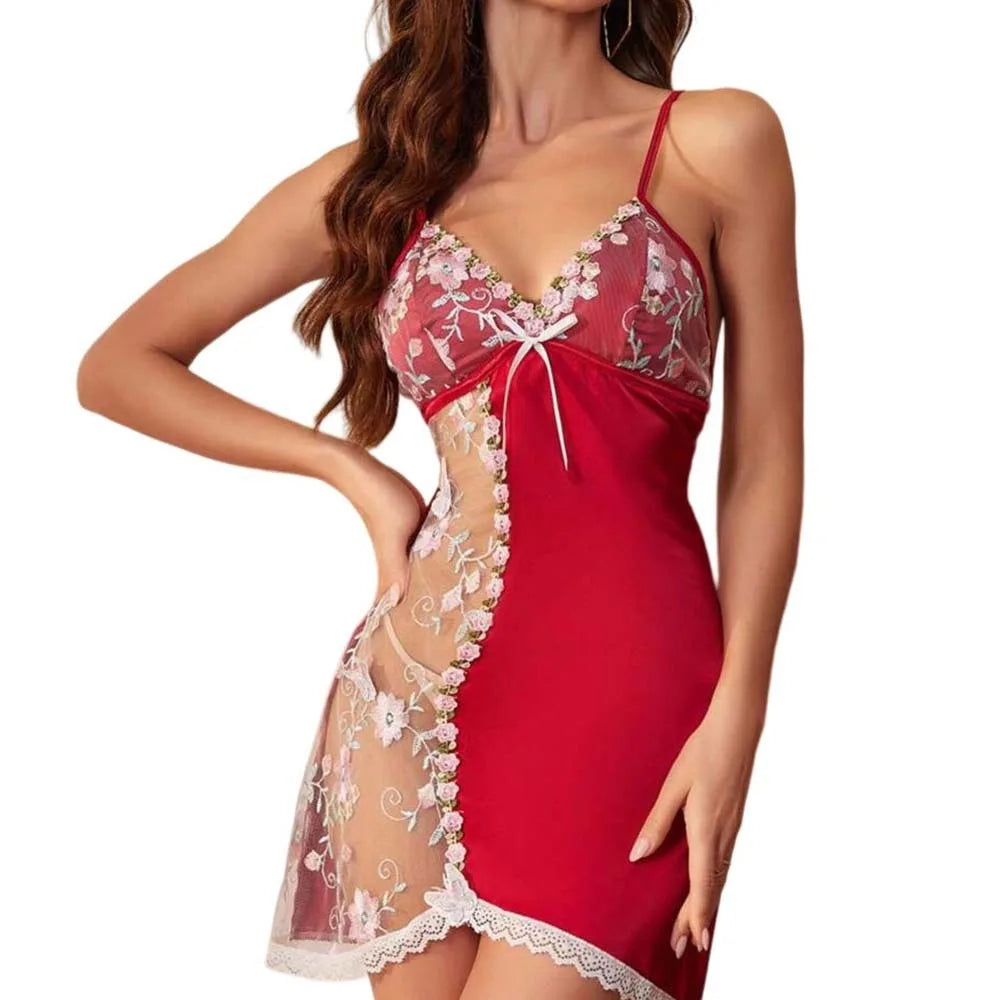 Vexaroa Lace Bow Ice Silk Suspender Nightdress Split Sleepwear