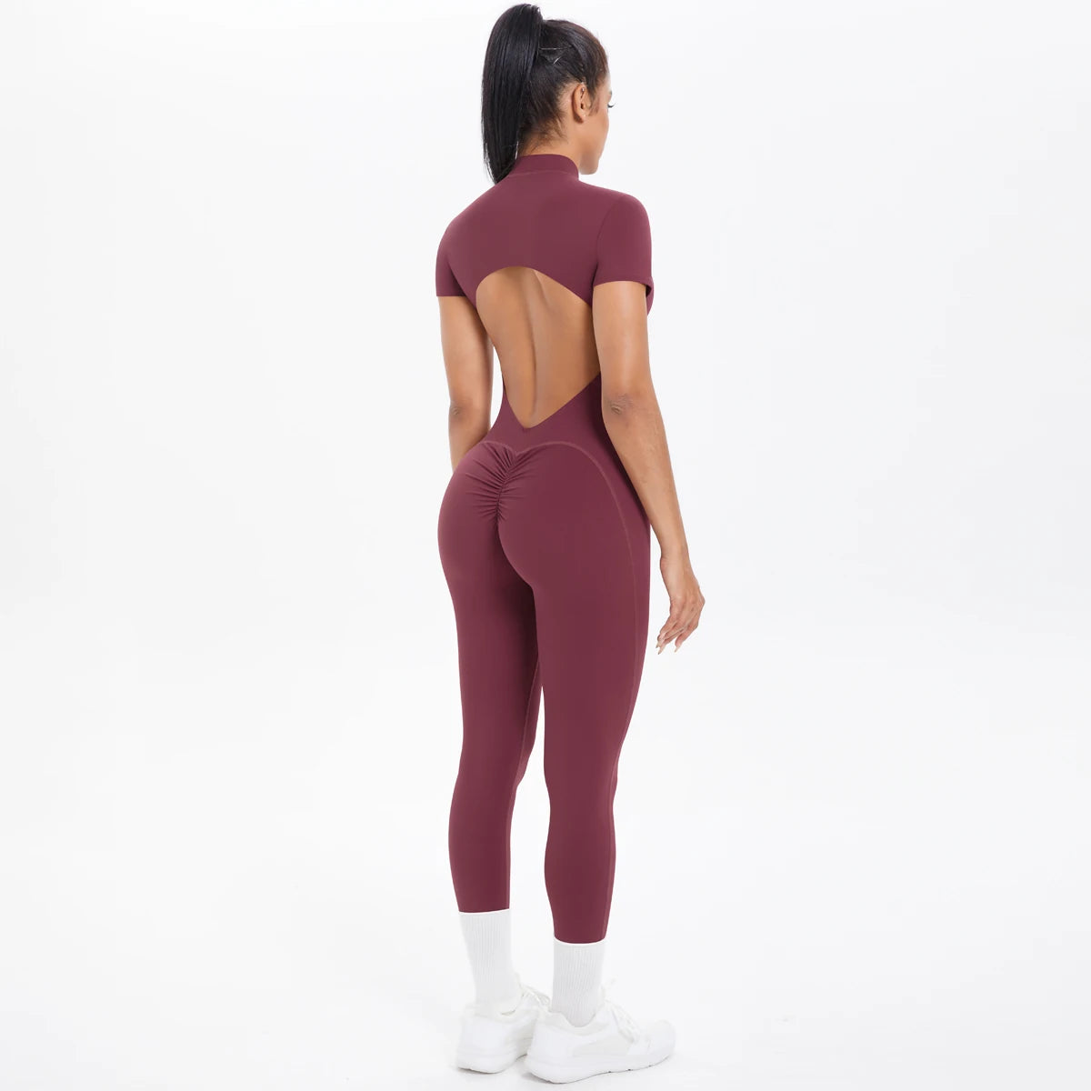 Vexaroa Backless Scrunch Bodysuit Half Zipper Gym Yoga Jumpsuit