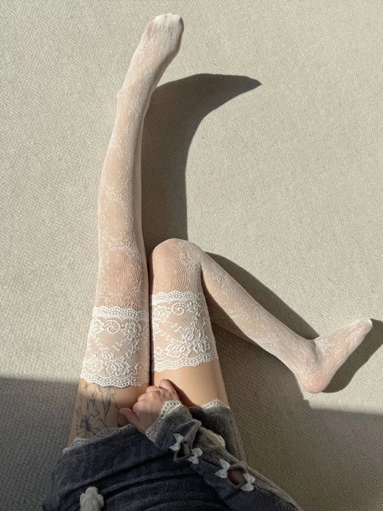 Vexaroa Lace Fishnet Floral Thigh High Knee Socks Women