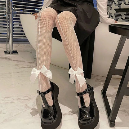 Pantyhose Bow Knot Fishnet Stockings Women Spicy Girl Black White Sexy Thin Ins Tide Lace Tights