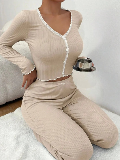 Vexaroa Women's Lace Pajama Set – Long Sleeve Shirt & Trousers