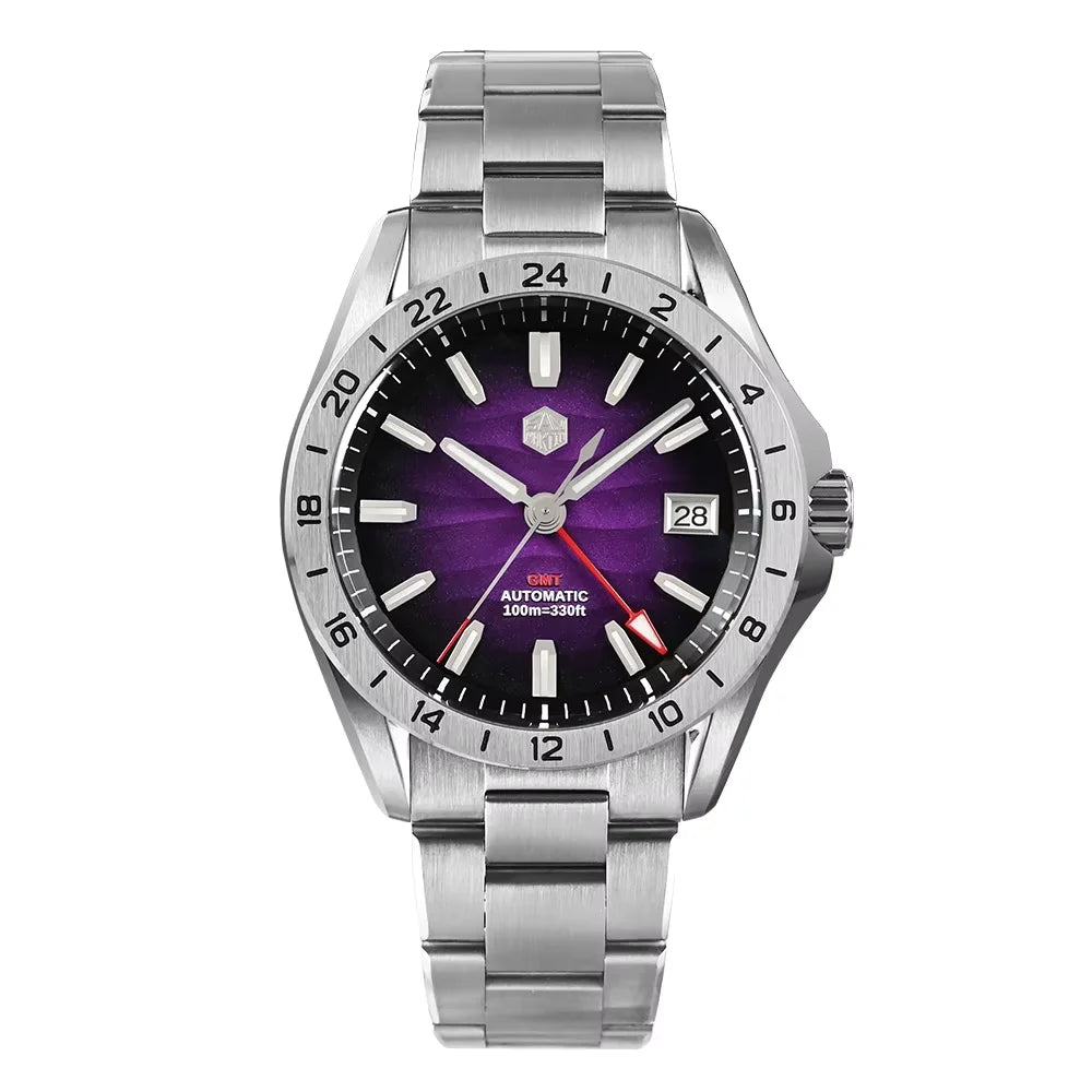 TAG Heuer automatic watch with a stainless steel link bracelet, featuring a purple sunburst dial, black bezel, and silver-tone case.