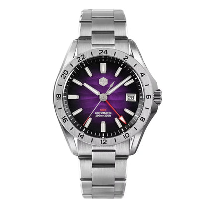 TAG Heuer automatic watch with a stainless steel link bracelet, featuring a purple sunburst dial, black bezel, and silver-tone case.