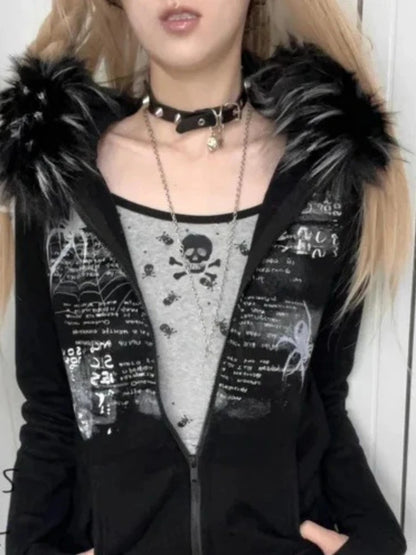 Y2K European and American spice girls fur collar rhinestones retro autumn and winter female zipper coat slim hooded sweater