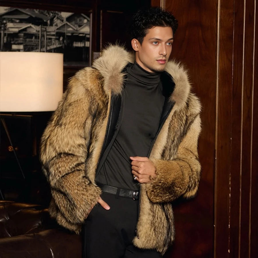 A man wearing a luxurious brown and beige fur jacket with a large fluffy collar, styled over a black turtleneck and black trousers, standing in a dimly lit room with dark wood paneling.
