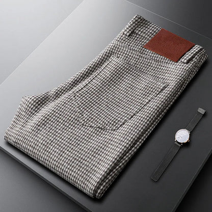 Men's Gray Plaid Woollen Trousers, Slim Straight Fit, Fall | Vexaroa
