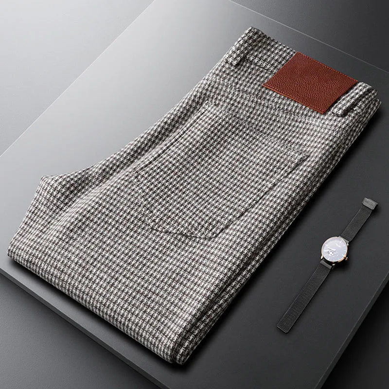 Men's Gray Plaid Woollen Trousers, Slim Straight Fit, Fall | Vexaroa