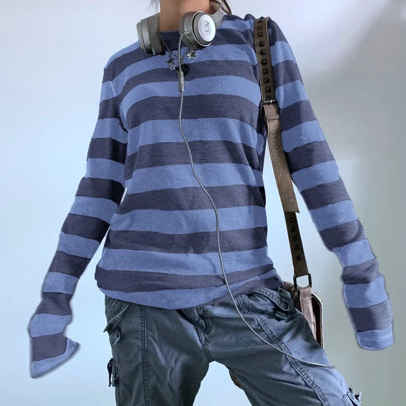Vexaroa Fairy Grunge Long Sleeve Baggy Striped Tee Shirt