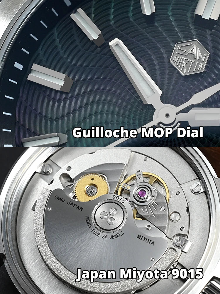 Close-up of a watch with a guilloche MOP dial and Miyota 9015 movement.