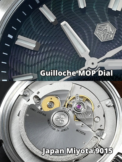 Close-up of a watch with a guilloche MOP dial and Miyota 9015 movement.