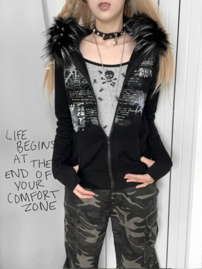 Y2K European and American spice girls fur collar rhinestones retro autumn and winter female zipper coat slim hooded sweater