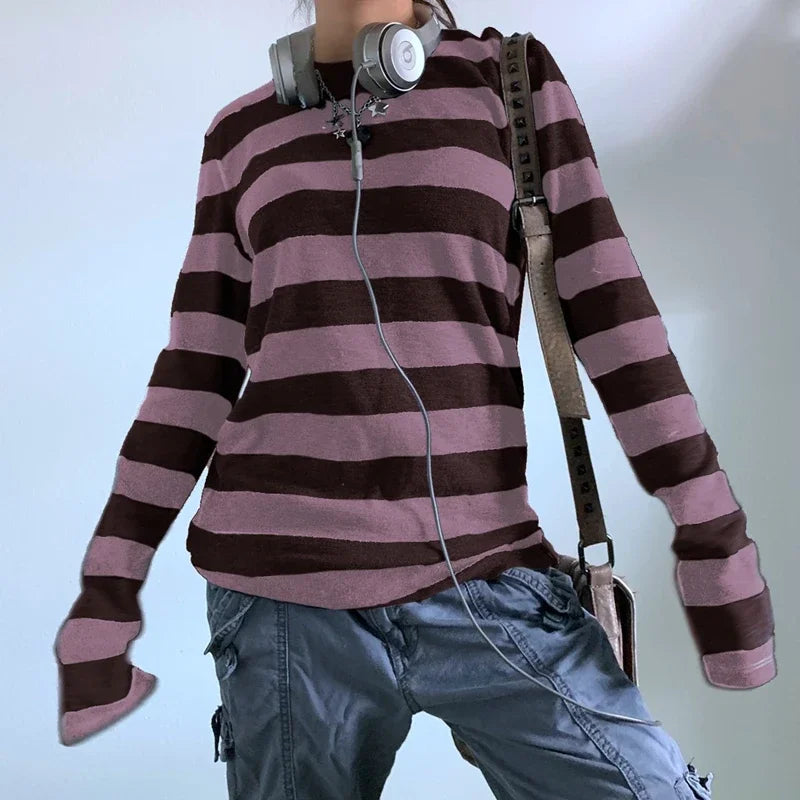Vexaroa Fairy Grunge Long Sleeve Baggy Striped Tee Shirt