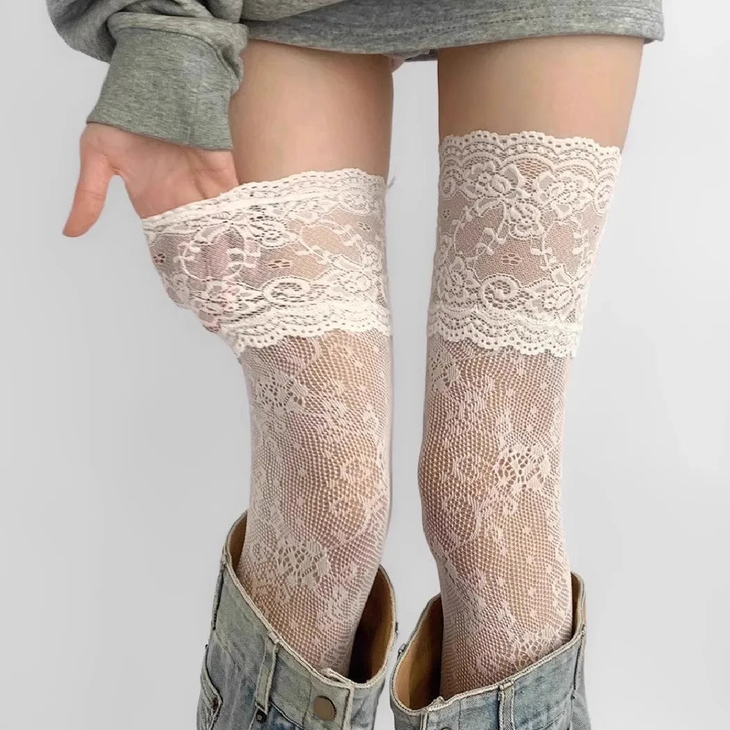 Vexaroa Lace Fishnet Floral Thigh High Knee Socks Women — product image