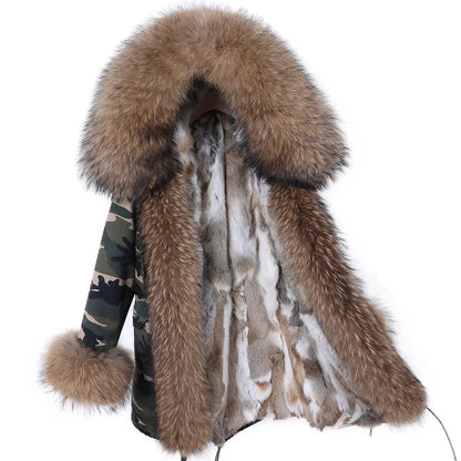 Real Raccoon Fox Fur Collar Parka Women's Coat | Vexaroa