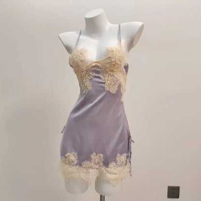 Vexaroa Ice Silk Lace Nightgown – Backless Suspender Pajamas