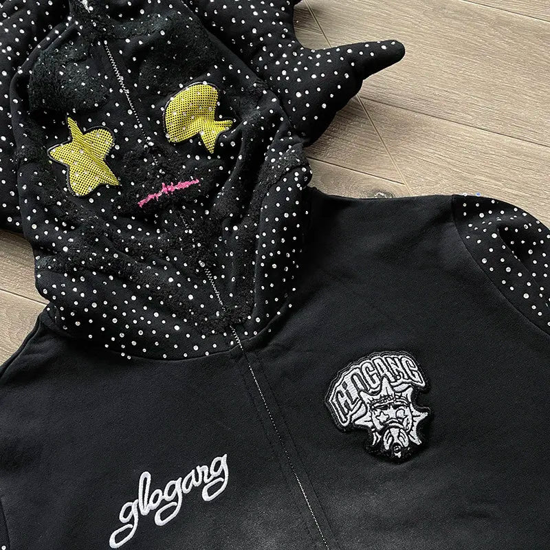 Glo Gang The Glory Full Zip Embroidery Hot Diamond Personality Pointed Corner Hooded Sweater GLO26HD9