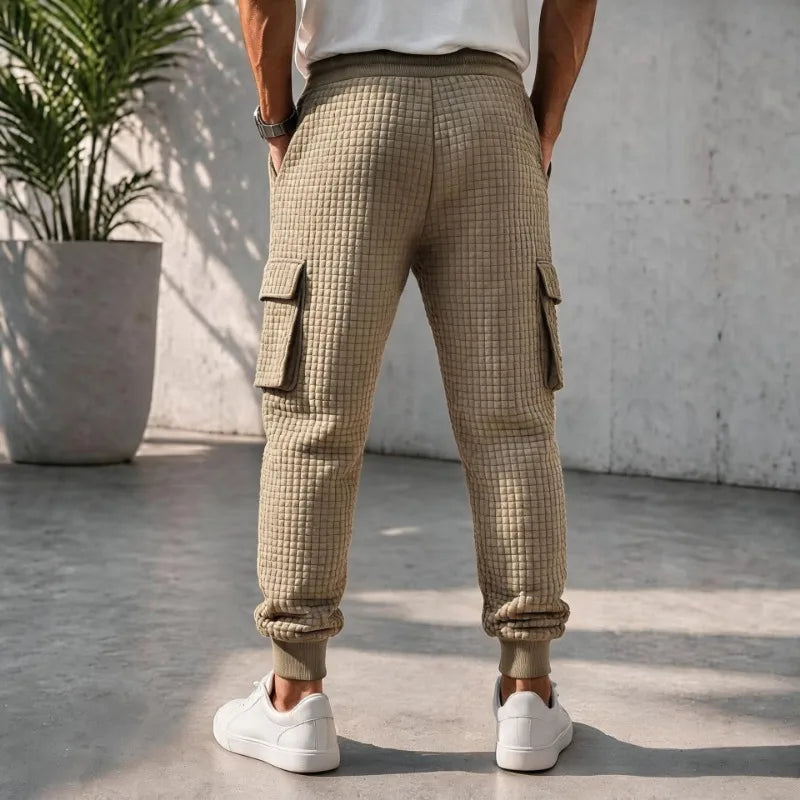 Men-Waffle-Quilted-Cargo-Jogger-Pants,Elastic-Drawstring-Sweatpants-Ribbed-Ankle-Cuffs-Casual-Streetwear-Trousers-Autumn-Winter