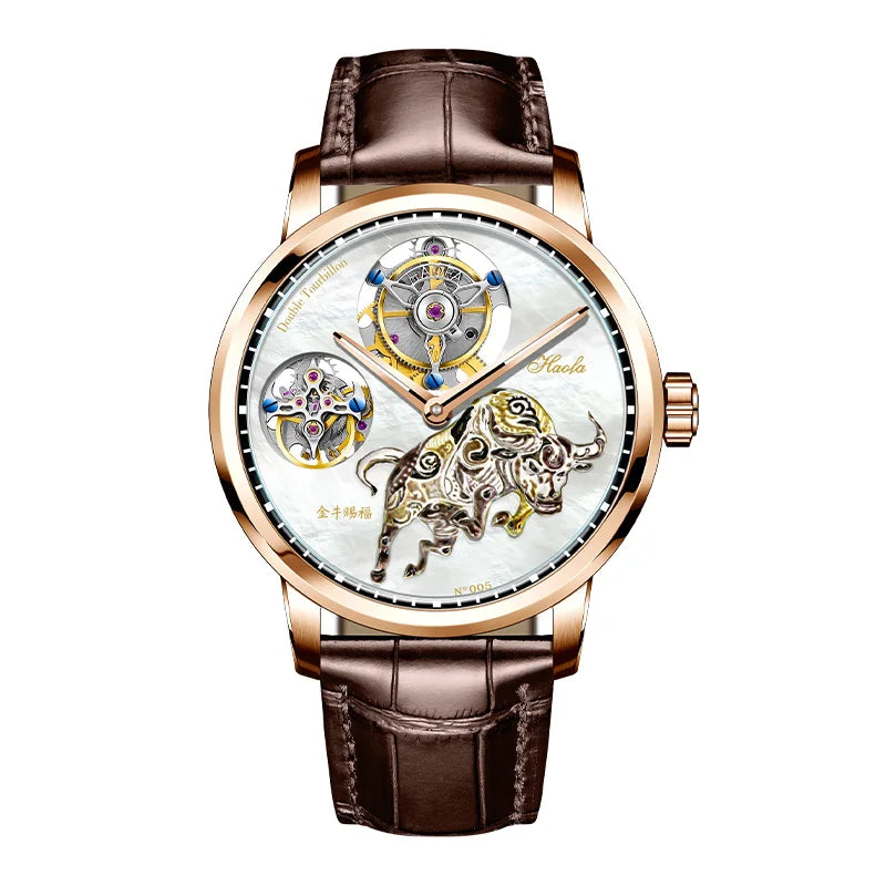 Haofa Doppeltourbillon Handaufzug Mechanische Herrenuhren Schalen-Schnitzerei Stier Segen Krokodilarmband Edelstahlgehäuse 005