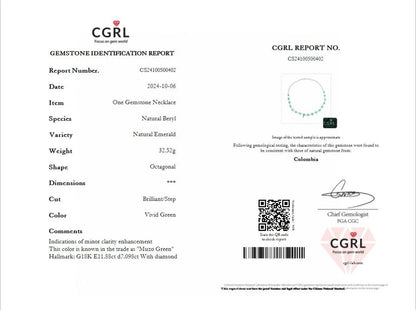 A gemstone identification report card for a One Gemstone Necklace, showing details like report number, date, item type, and dimensions on a white background with the CGRL logo.
