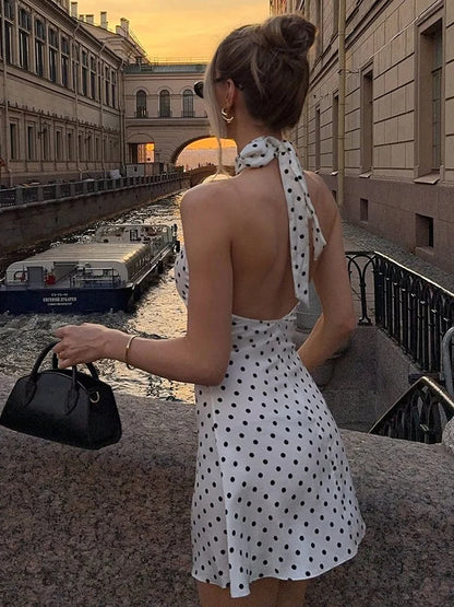 Vexaroa Polka Dot Halter Mini Dress Backless Club Party