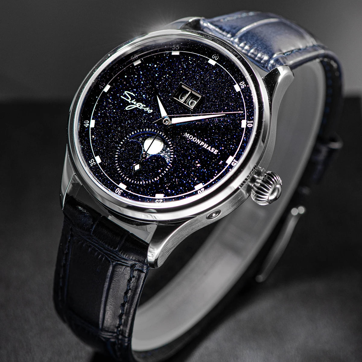 Moonphase Watch of Men 40mm Automatic Mechanical Wristwatches Origin ST2528 Movement Stainless Steel Blue Sandstone Dials