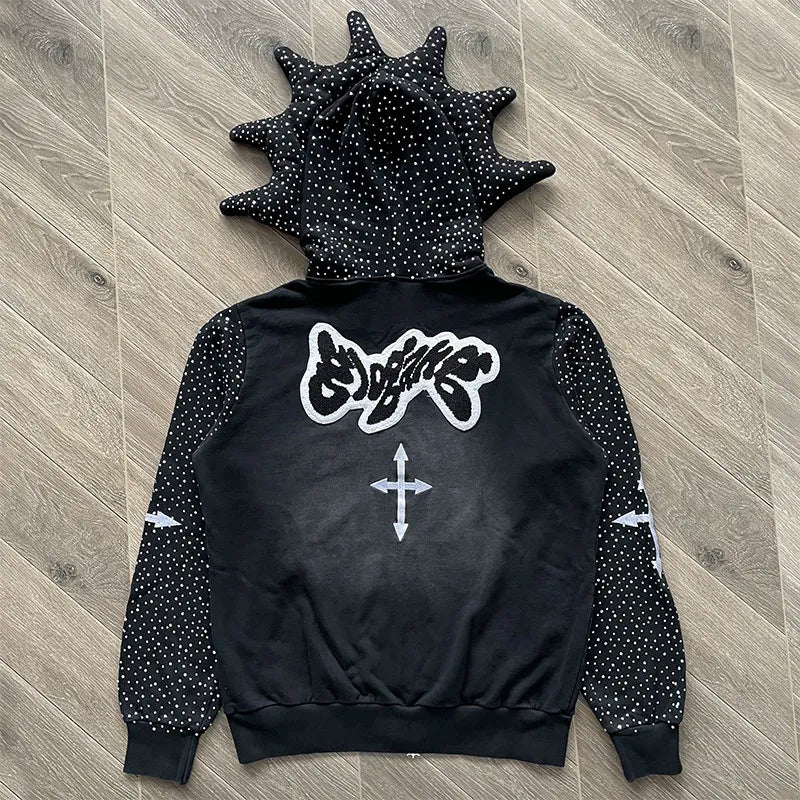 Glo Gang The Glory Full Zip Embroidery Hot Diamond Personality Pointed Corner Hooded Sweater GLO26HD9