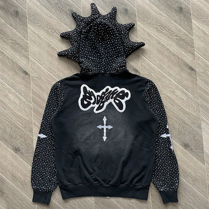 Glo Gang The Glory Full Zip Embroidery Hot Diamond Personality Pointed Corner Hooded Sweater GLO26HD9
