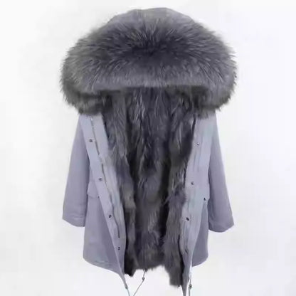 Vexaroa Women's Real Natural Fur Coat Long Hooded Parka with Fur Liner Winter Jacket