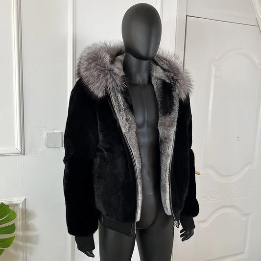 Men's Rabbit Fur Coat with Hood Black Chinchilla | Vexaro