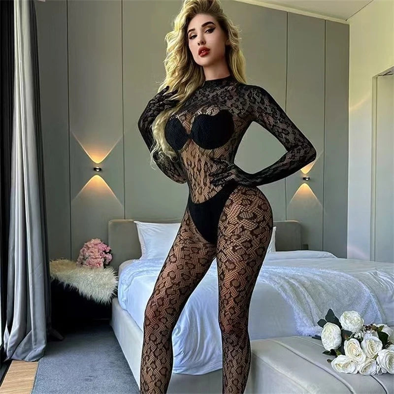 Vexaroa Leopard Mesh Fishnet Bodysuit Lingerie Jumpsuit