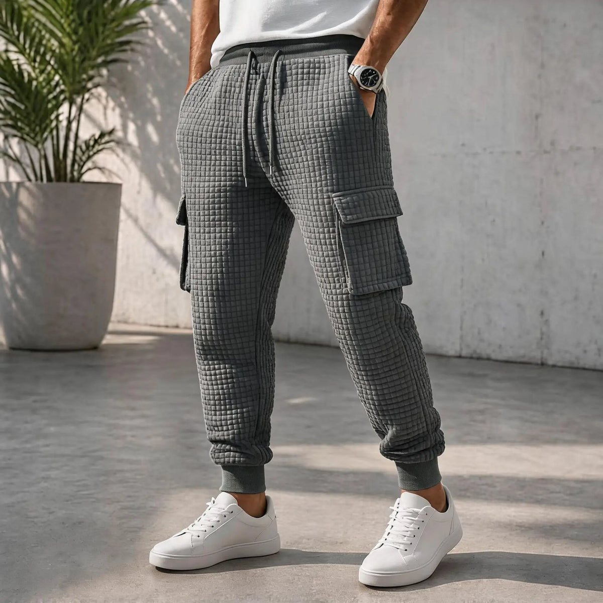 Men-Waffle-Quilted-Cargo-Jogger-Pants,Elastic-Drawstring-Sweatpants-Ribbed-Ankle-Cuffs-Casual-Streetwear-Trousers-Autumn-Winter