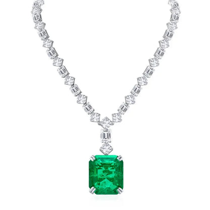 Vexaro Lab Emerald & Diamond Brooch Necklace 925 Silver