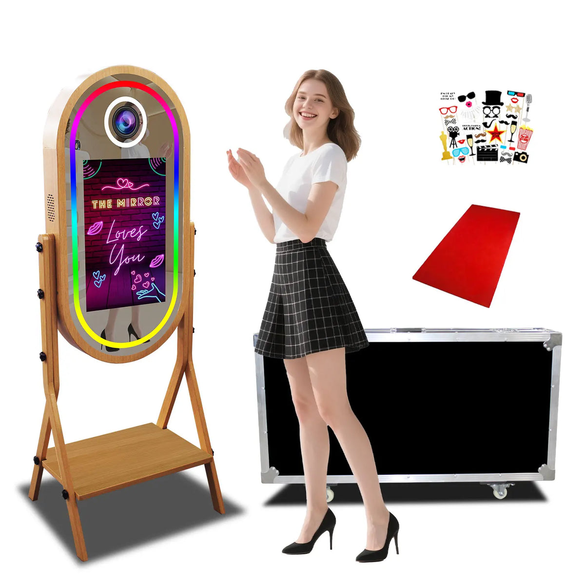 Magic Mirror Photobooth with Imitate Wood Grain Selfie, 21.5 Inch Touch Screen, Selfie DSLR Photo Booth Machine for Sharing
