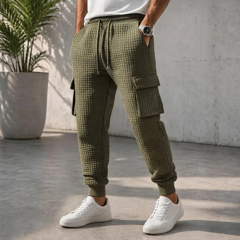 Men-Waffle-Quilted-Cargo-Jogger-Pants,Elastic-Drawstring-Sweatpants-Ribbed-Ankle-Cuffs-Casual-Streetwear-Trousers-Autumn-Winter