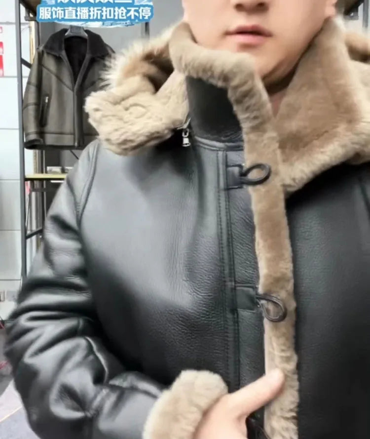 Men's Sheepskin Shearling Pilot Coat Raccoon Hood | Vexaroa