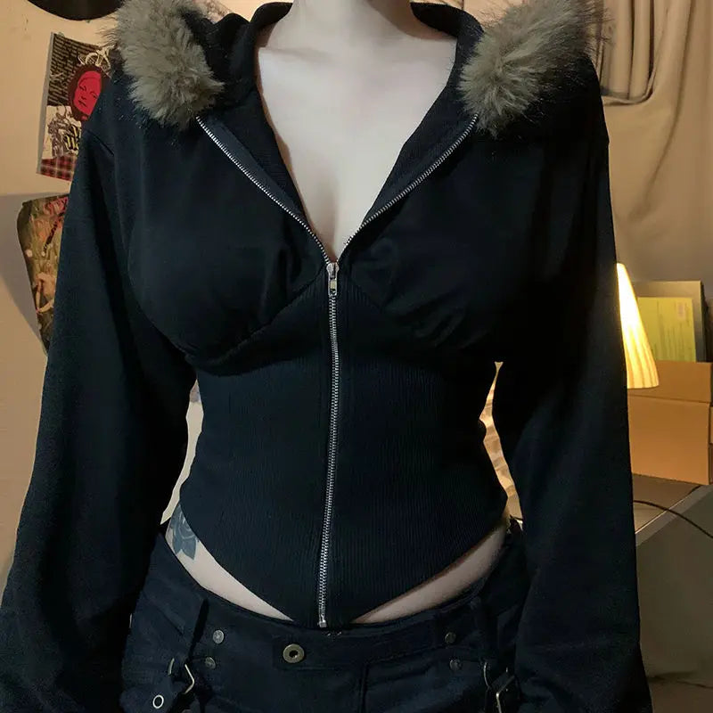 Vexaroa Women's Cropped Gothic Punk Zip-Up Hoodie