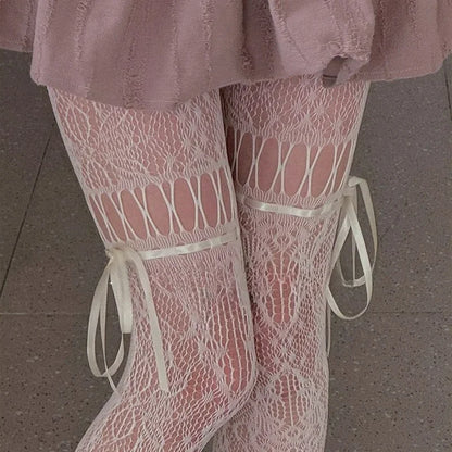 Tie Fishnet Suspender Socks for Women Sexy Slim Nylon Mesh Thigh High Stockings White Tights Pantyhose