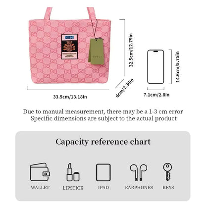 Pink Gucci tote bag with monogram pattern, shown with dimension labels and a capacity reference chart below on a white background.