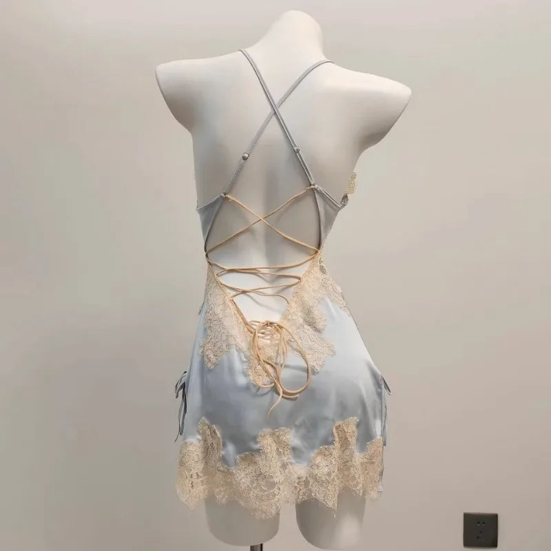 Vexaroa Ice Silk Lace Nightgown – Backless Suspender Pajamas