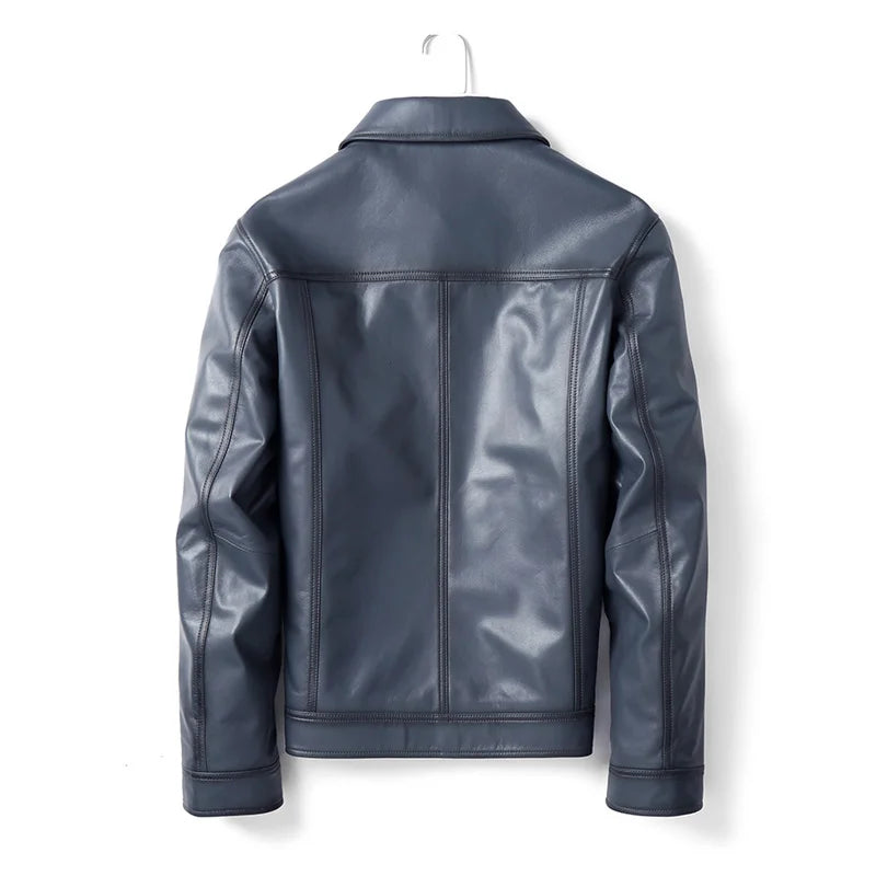 Men's Blue Sheepskin Leather Jacket, Slim Lapel Style Coat | Vexaroa