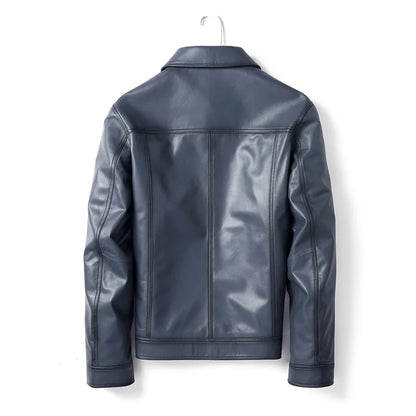 Men's Blue Sheepskin Leather Jacket, Slim Lapel Style Coat | Vexaroa